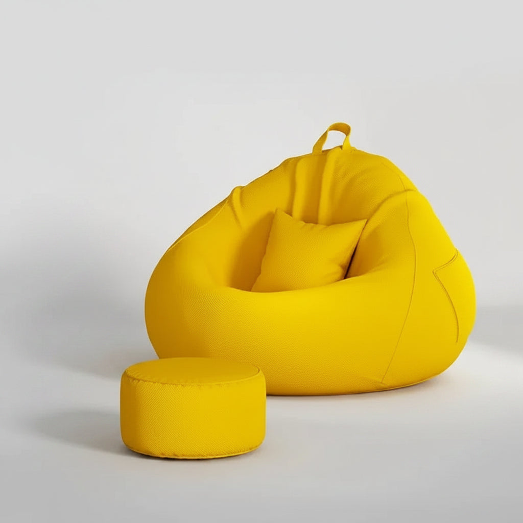 Pouf poire géant jaune moutarde avec repose-pieds assorti