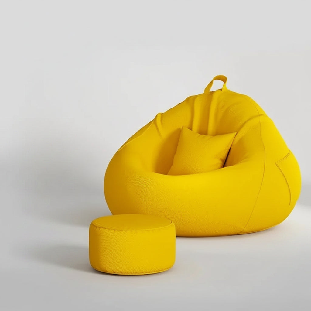 Pouf poire géant jaune soleil avec repose-pieds assorti