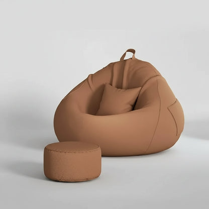 Pouf poire géant marron caramel avec repose-pieds assorti