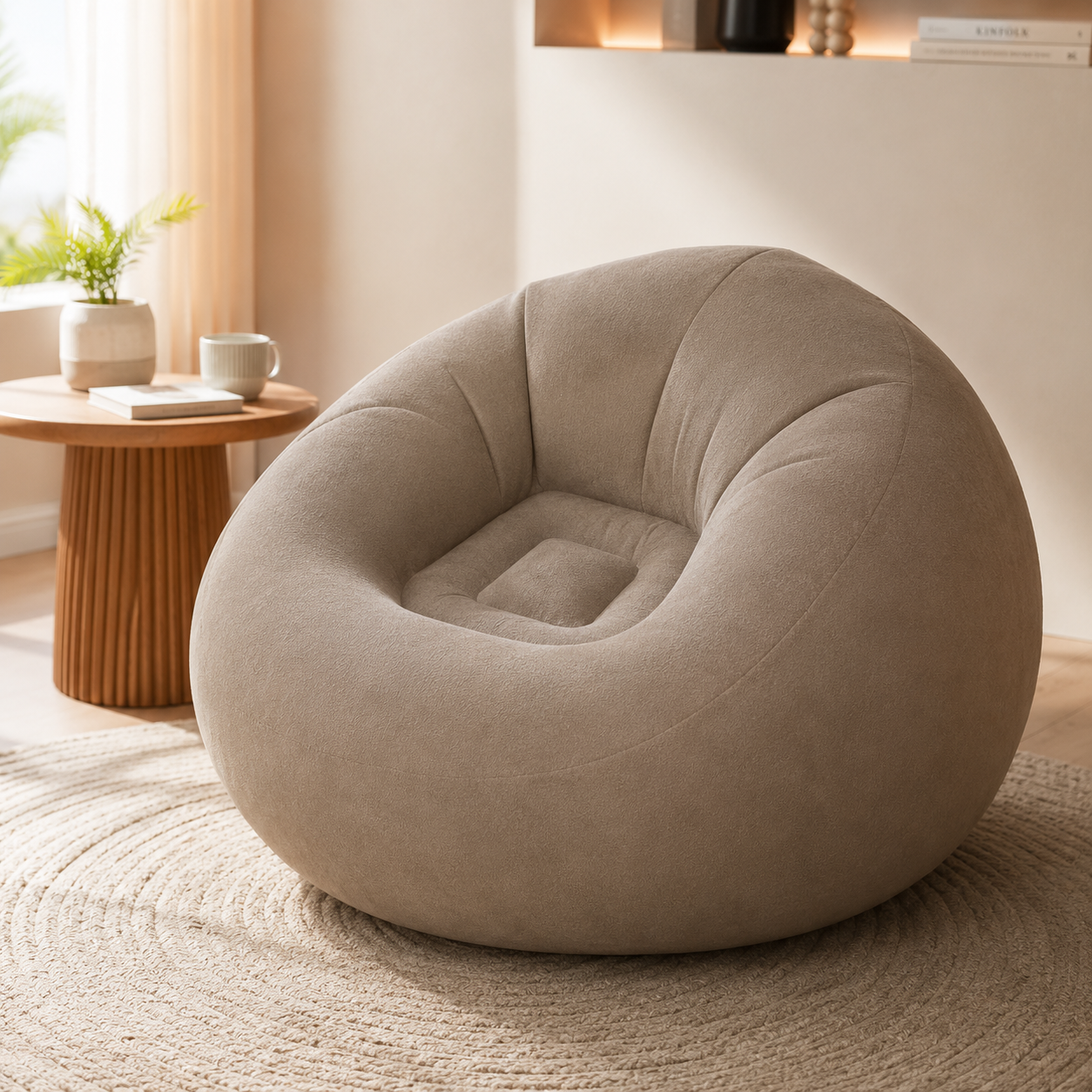 Pouf poire gonflable effet velours taupe installé dans un salon chaleureux