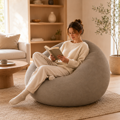 Femme lisant confortablement dans un pouf poire gonflable effet velours taupe