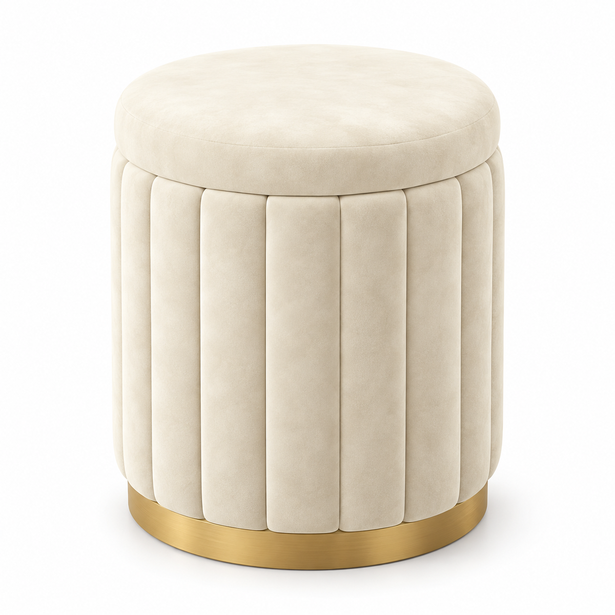 Pouf rond en velours blanc crème avec assise rembourrée et base dorée, sur fond blanc.