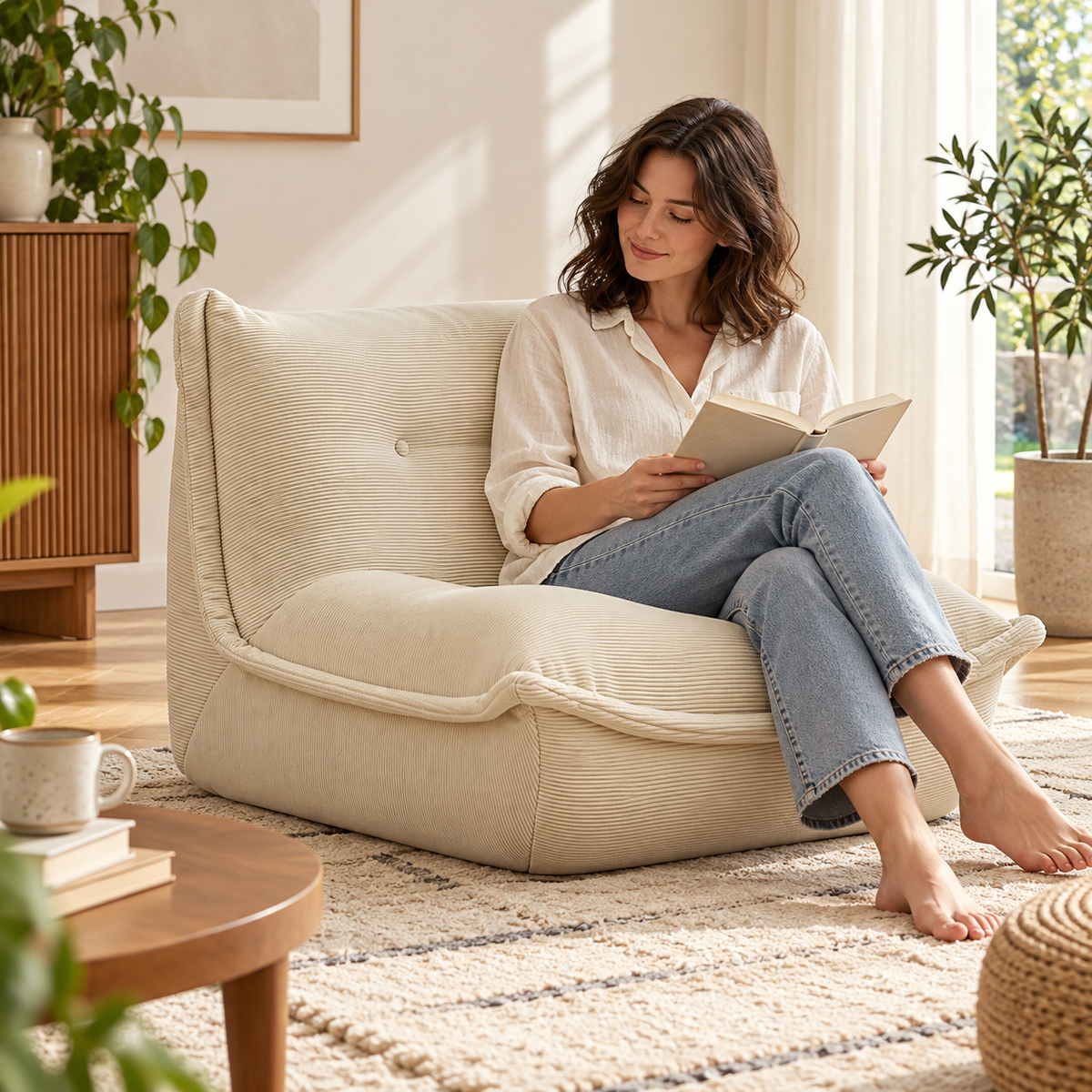 Femme lisant un livre dans un pouf beige en velours côtelé, installé dans un salon lumineux près de plantes.