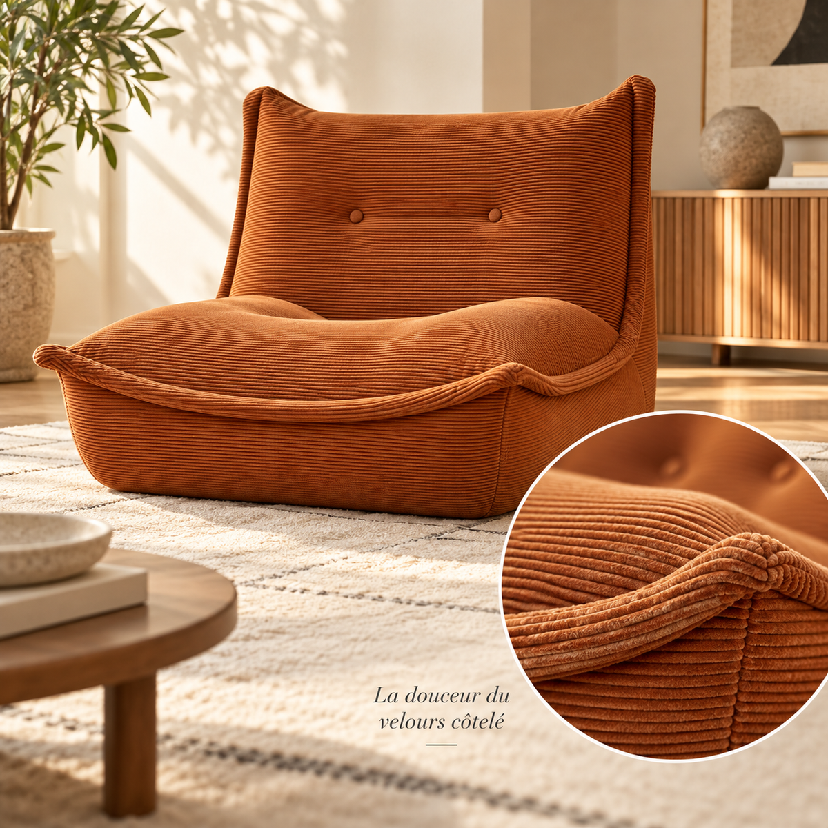 Pouf salon caramel en velours côtelé dans un intérieur lumineux, avec un gros plan sur la texture du tissu.