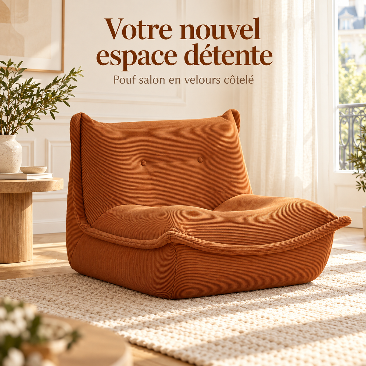 Pouf salon géant caramel en velours côtelé, avec dossier rembourré et assise basse, dans un intérieur chaleureux.