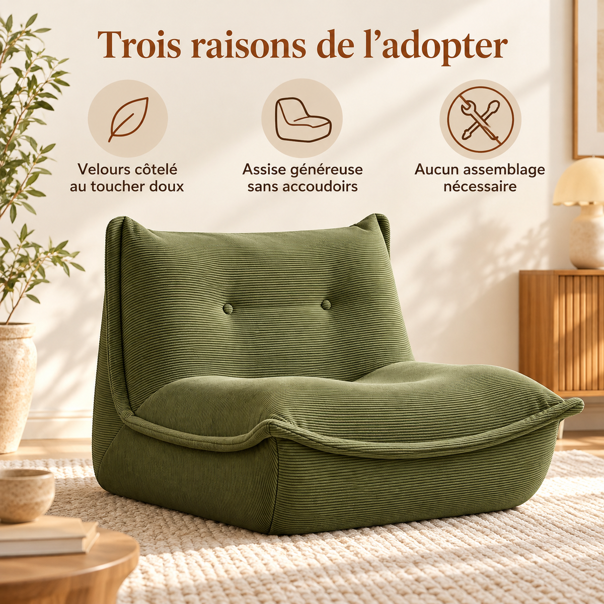 Pouf vert olive présentant trois atouts : velours côtelé au toucher doux, assise généreuse sans accoudoirs et aucun assemblage nécessaire.