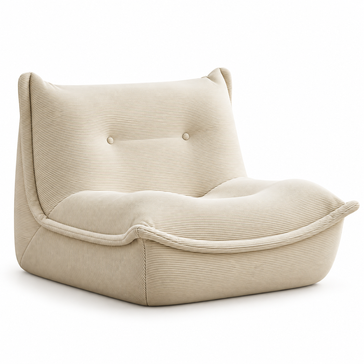 Pouf salon géant beige en velours côtelé, sans accoudoirs, avec dossier à deux boutons et assise basse, sur fond blanc.