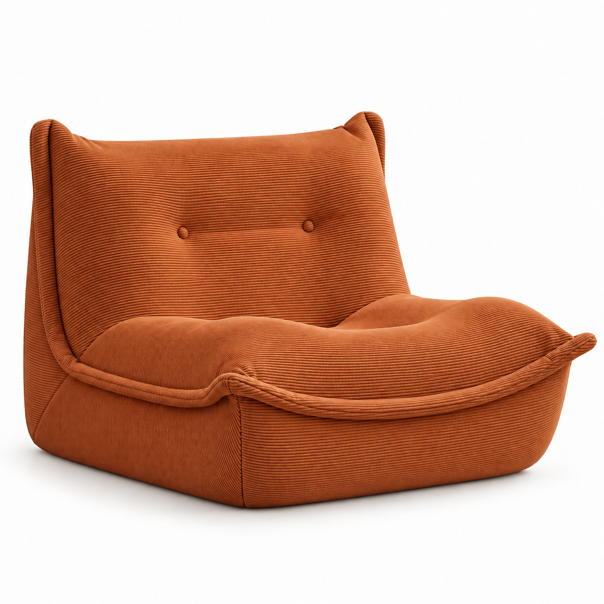 Pouf terracotta en velours côtelé, sans accoudoirs, avec dossier à deux boutons et assise basse, sur fond blanc.
