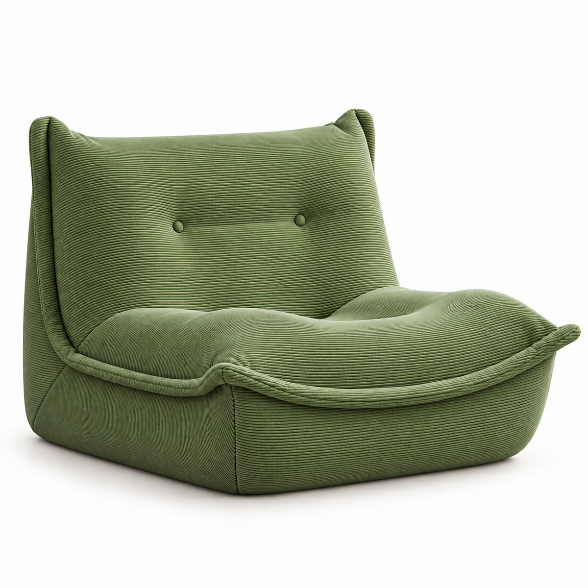 Pouf vert olive en velours côtelé, sans accoudoirs, avec dossier à deux boutons et assise basse, sur fond blanc.