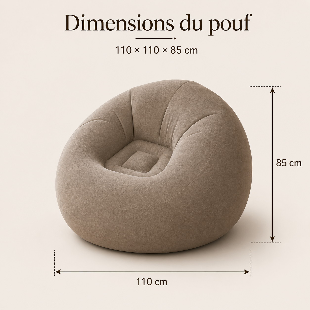 Dimensions du pouf poire gonflable effet velours de 110 × 110 × 85 cm