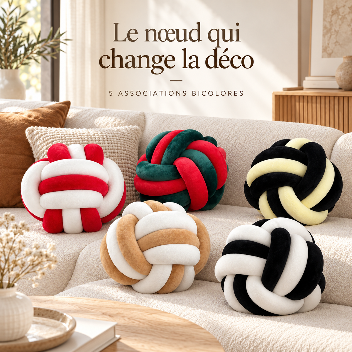 Présentation des cinq associations de couleurs du coussin nœud bicolore sur un canapé clair