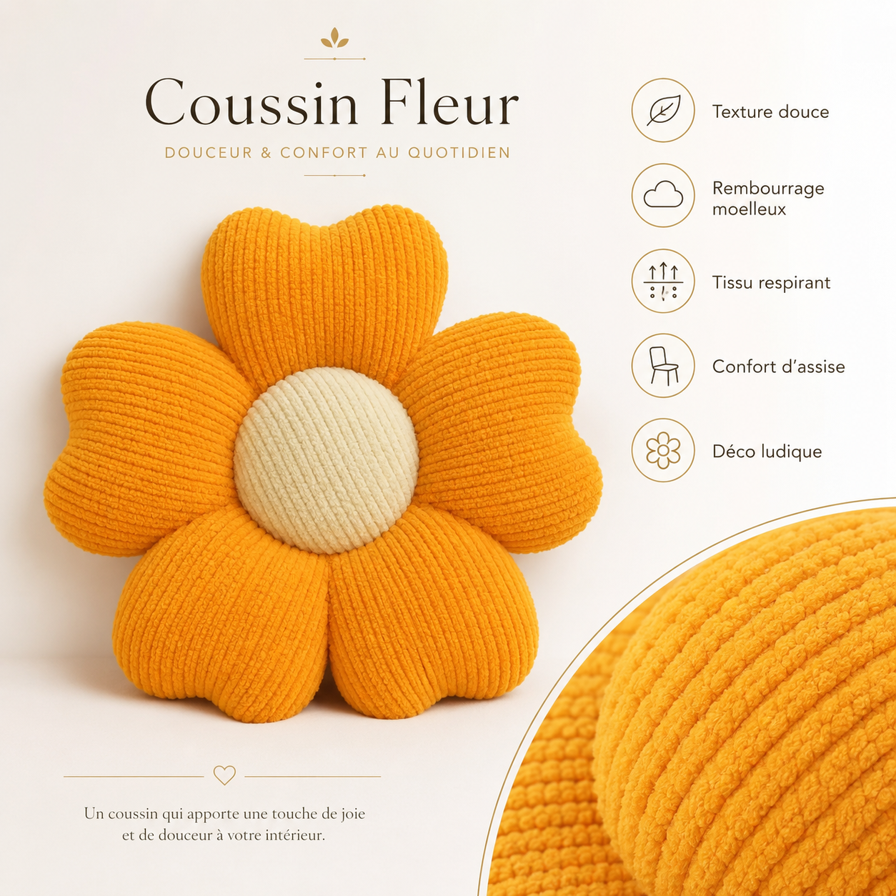 Coussin fleur orange avec texture douce, rembourrage moelleux, tissu respirant et confort d’assise.