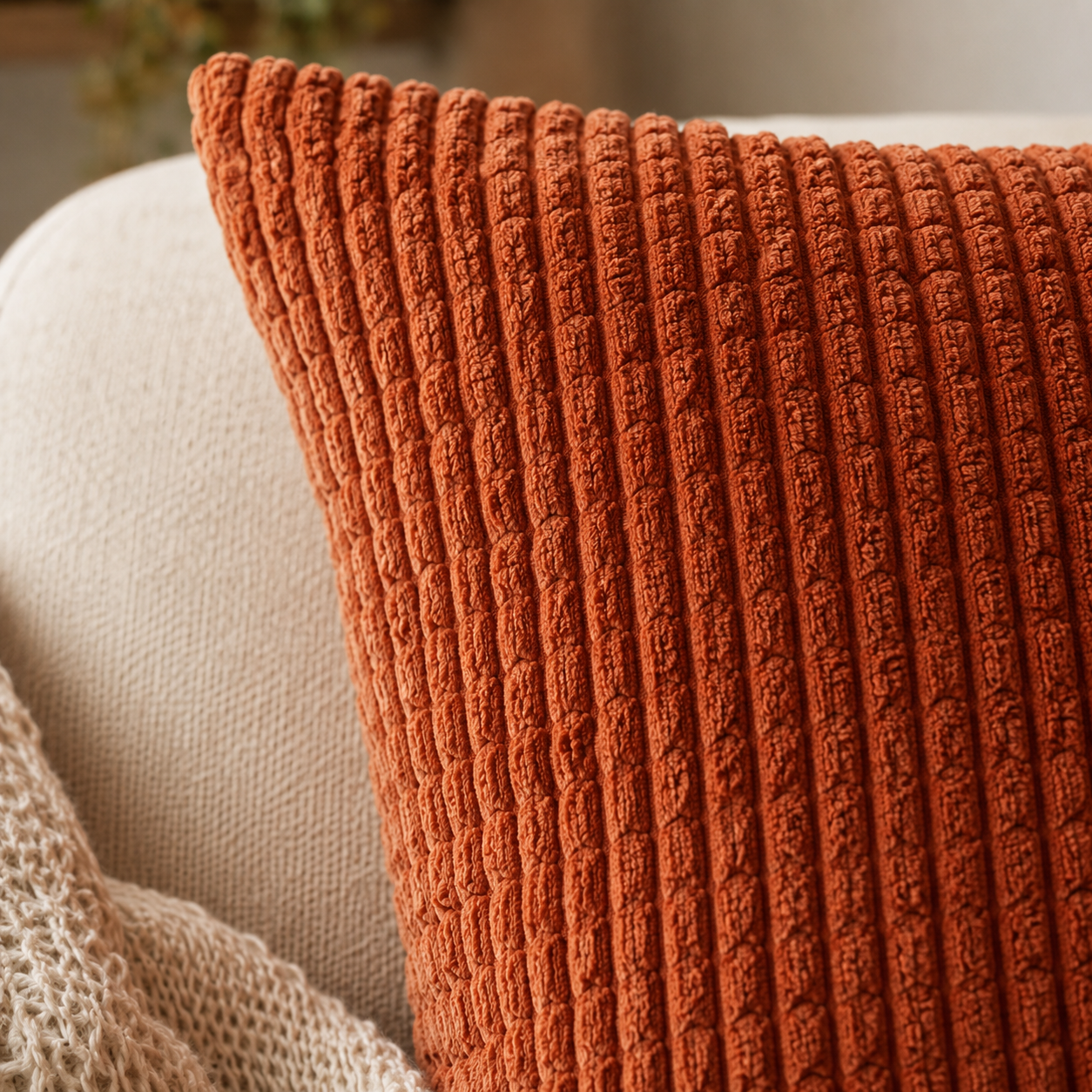 Vue rapprochée du relief vertical et des finitions d’une housse de coussin terracotta.