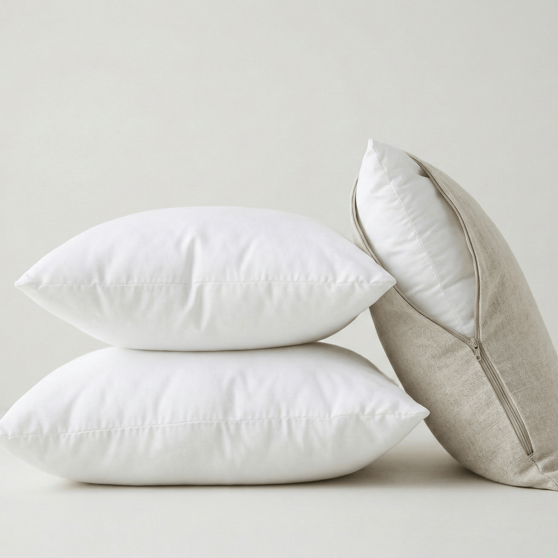 Inserts de coussin blancs empilés avec housse en lin beige ouverte – rembourrage carré prêt à être utilisé avec une housse