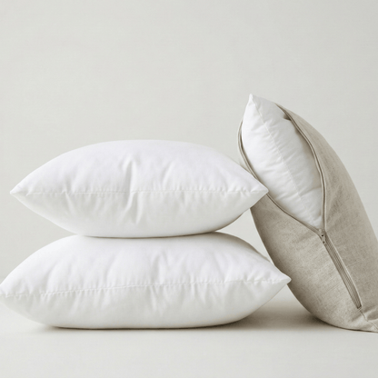 Inserts de coussin blancs empilés avec housse en lin beige ouverte – rembourrage carré prêt à être utilisé avec une housse