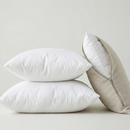 Inserts de coussin blancs empilés avec housse en lin beige ouverte – rembourrage carré prêt à être utilisé avec une housse
