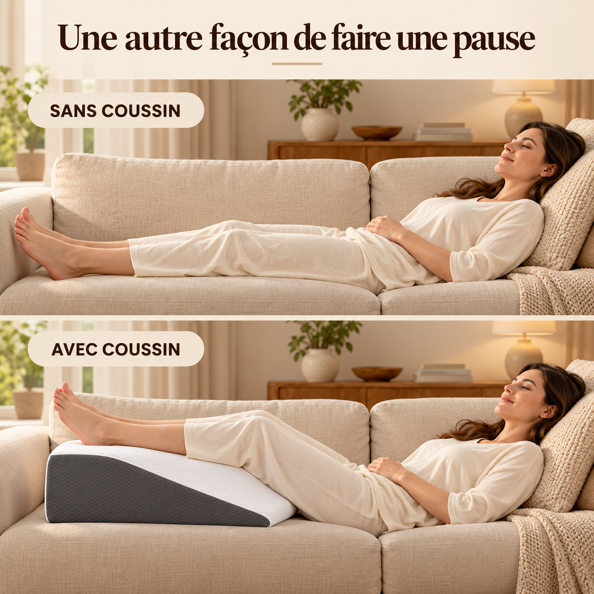Personne allongée sur un canapé, sans coussin puis avec les jambes posées sur le repose-jambes