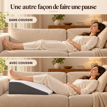 Personne allongée sur un canapé, sans coussin puis avec les jambes posées sur le repose-jambes