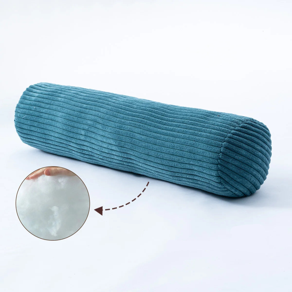 Coussin cylindrique bleu pétrole en velours côtelé, avec un aperçu du rembourrage
