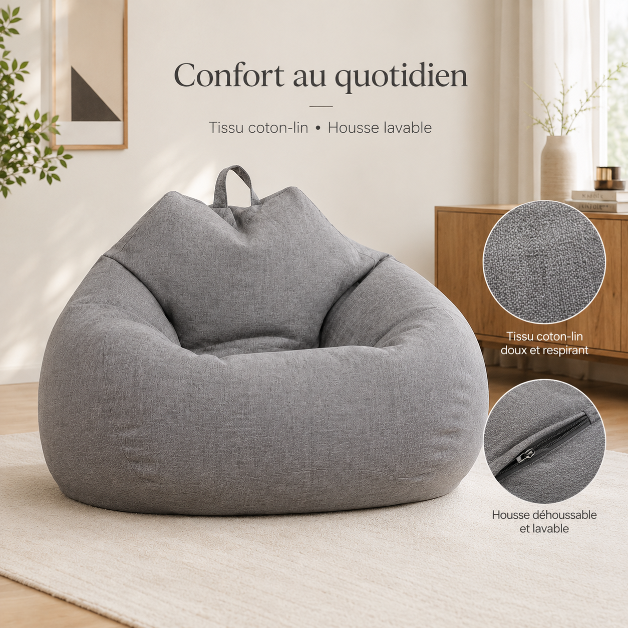 Détails du tissu coton-lin et de la fermeture de la housse amovible et lavable