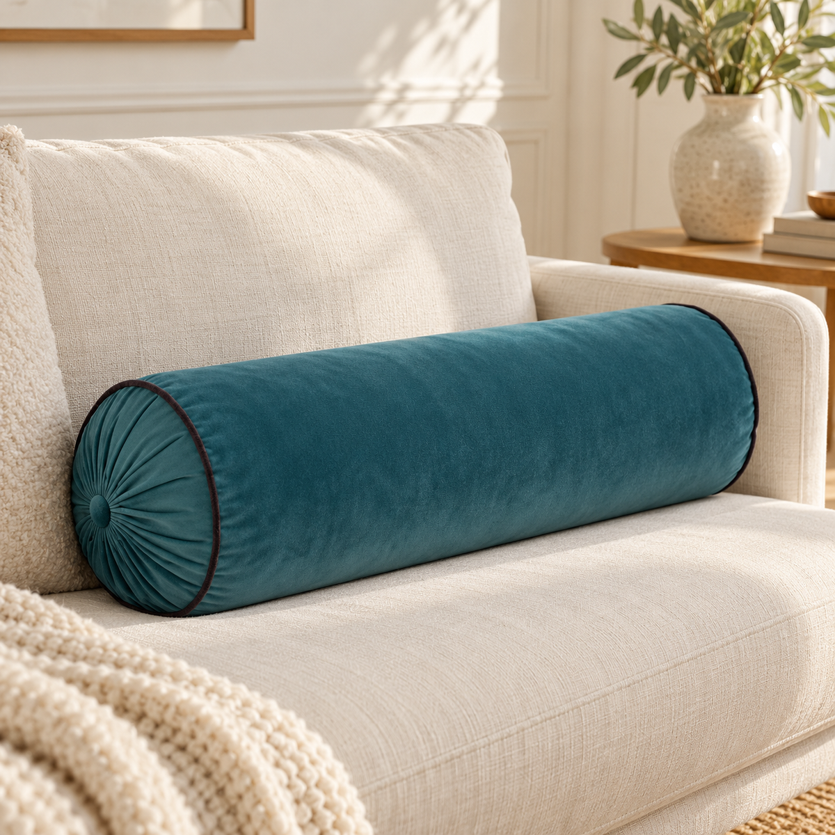 Coussin cylindrique bleu pétrole en velours posé sur un canapé crème.