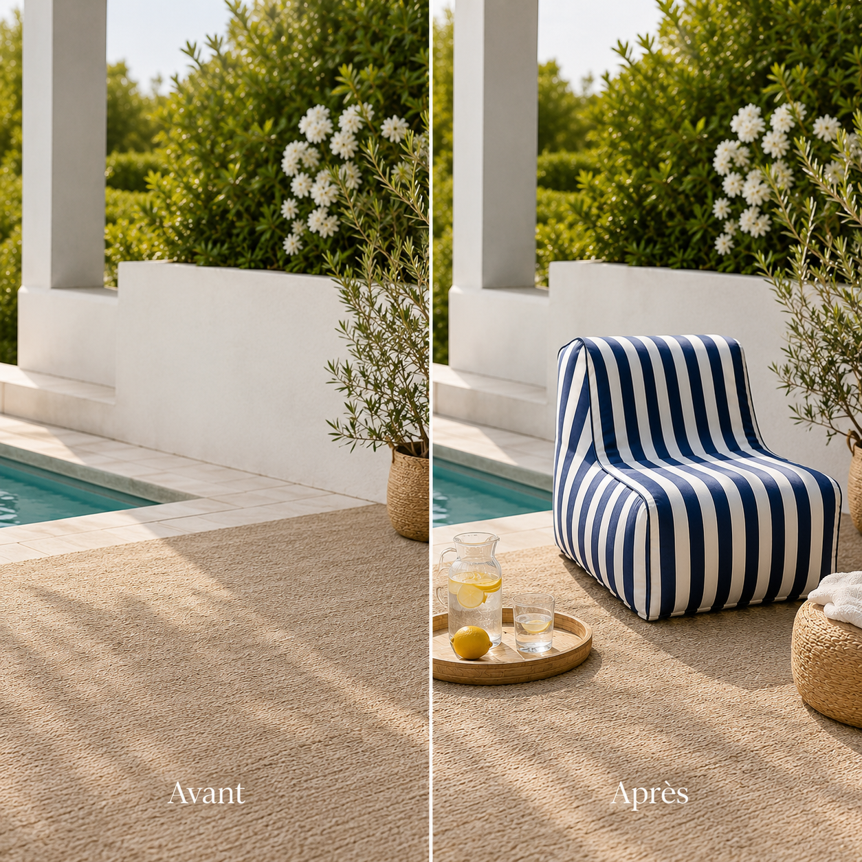 Avant et après l’installation d’un pouf gonflable extérieur sur une terrasse près d’une piscine