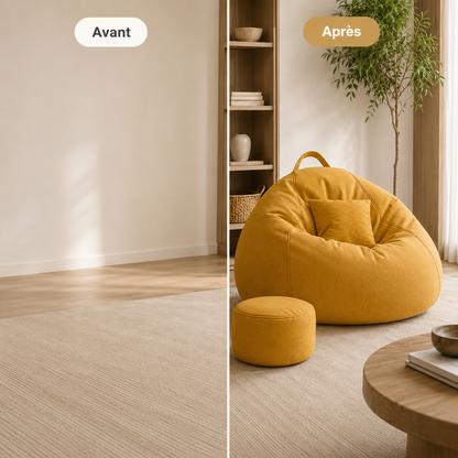 Avant et après l’installation d’un pouf salon géant avec repose-pieds dans une pièce