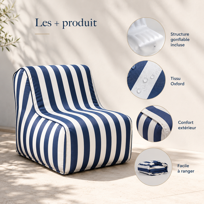 Caractéristiques du pouf gonflable extérieur avec structure intérieure incluse et housse rayée