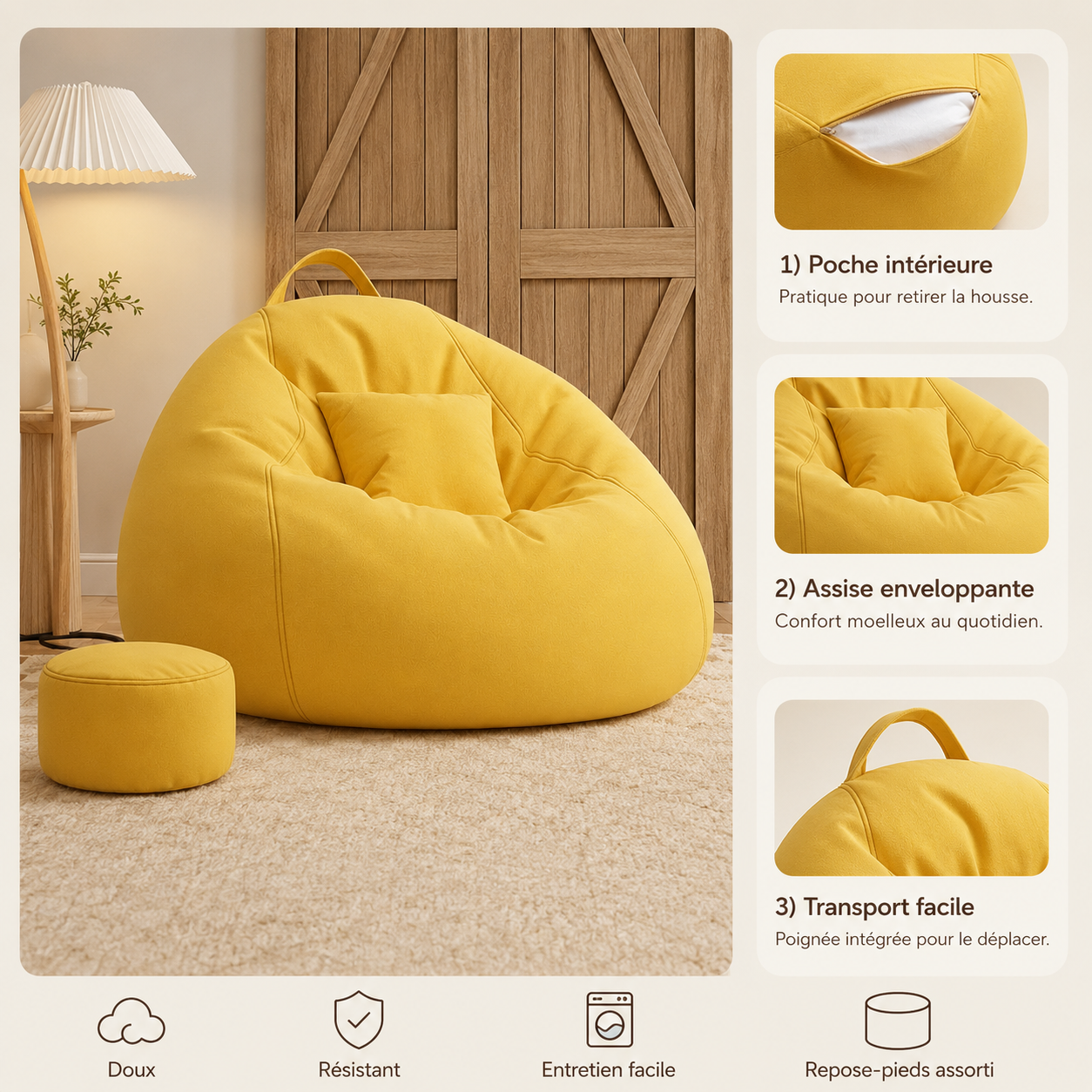 Caractéristiques du pouf salon géant avec assise enveloppante, poignée et repose-pieds inclus