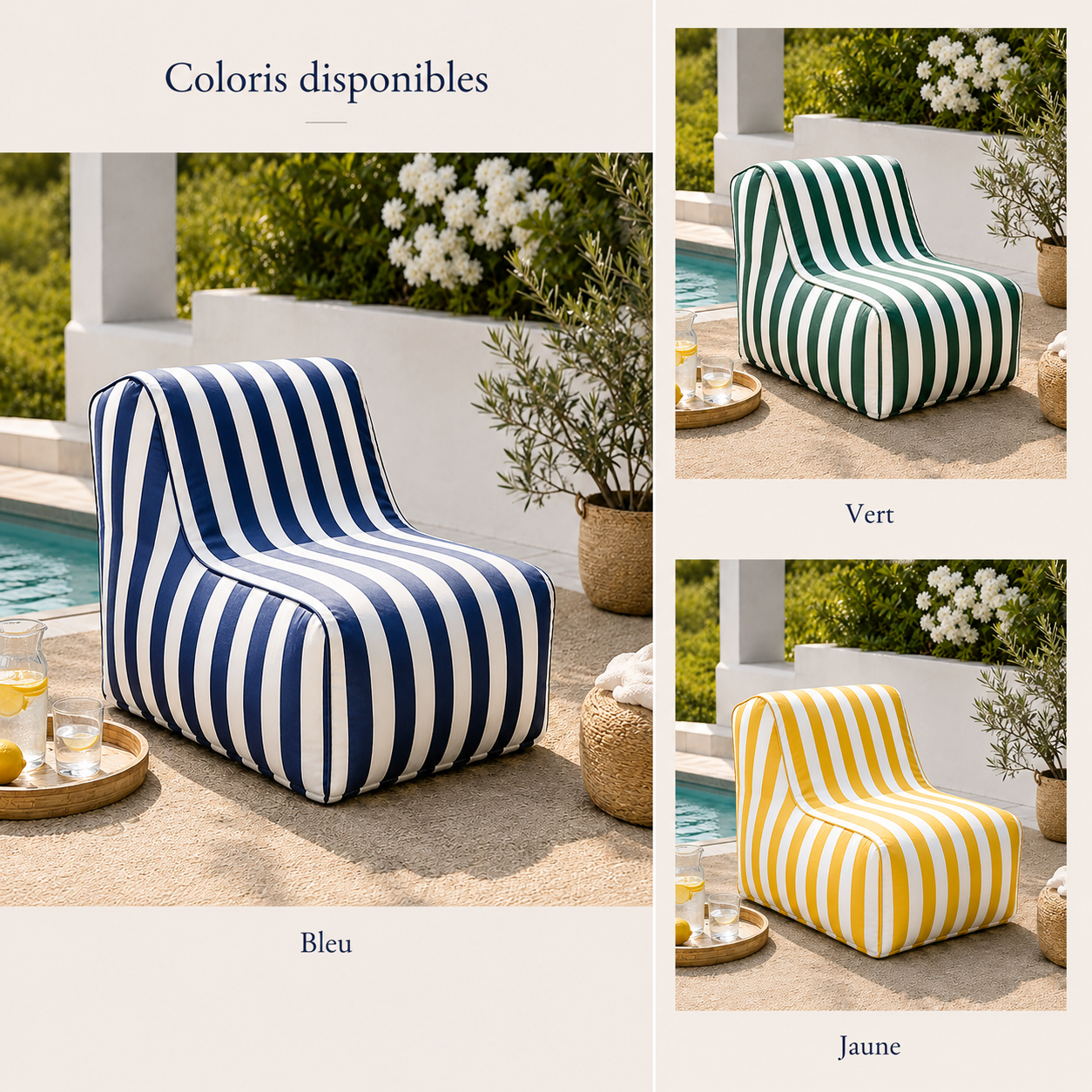 Pouf gonflable extérieur disponible en bleu, vert et jaune avec rayures blanches