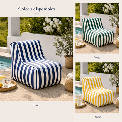 Pouf gonflable extérieur disponible en bleu, vert et jaune avec rayures blanches