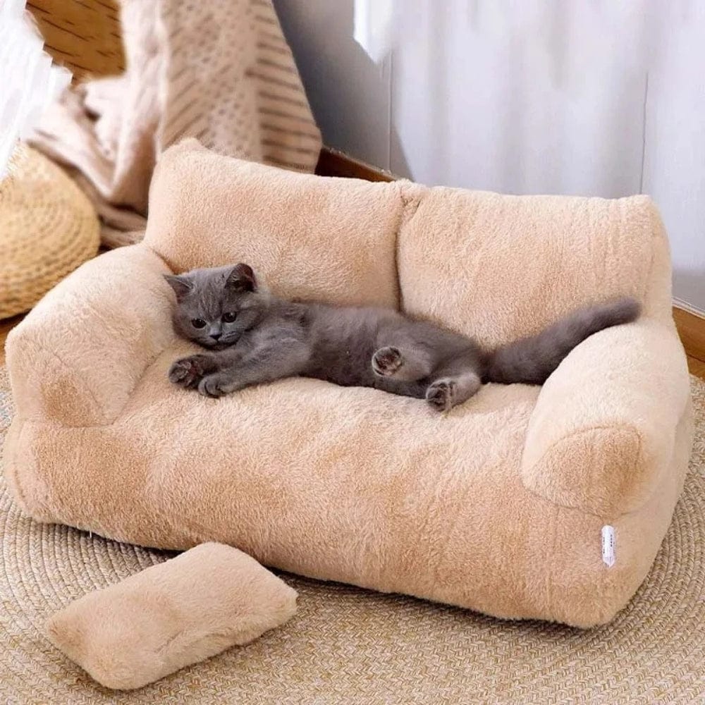 Coussin de canapé en peluche beige avec un chat gris allongé, sur un tapis rond dans un intérieur chaleureux