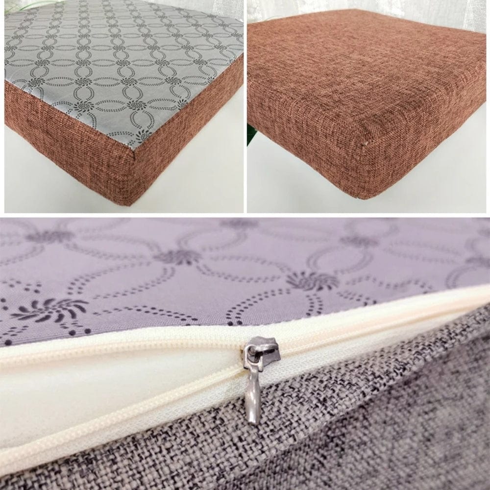 Coussin carré en tissu marron et gris avec motif géométrique, posé sur une surface blanche