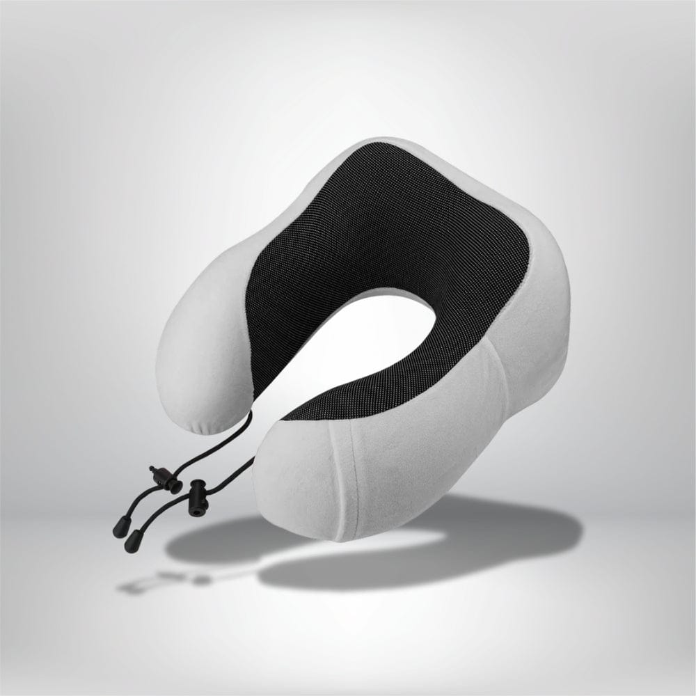 Coussin cervical en tissu doux gris et noir, idéal pour un confort optimal en voiture