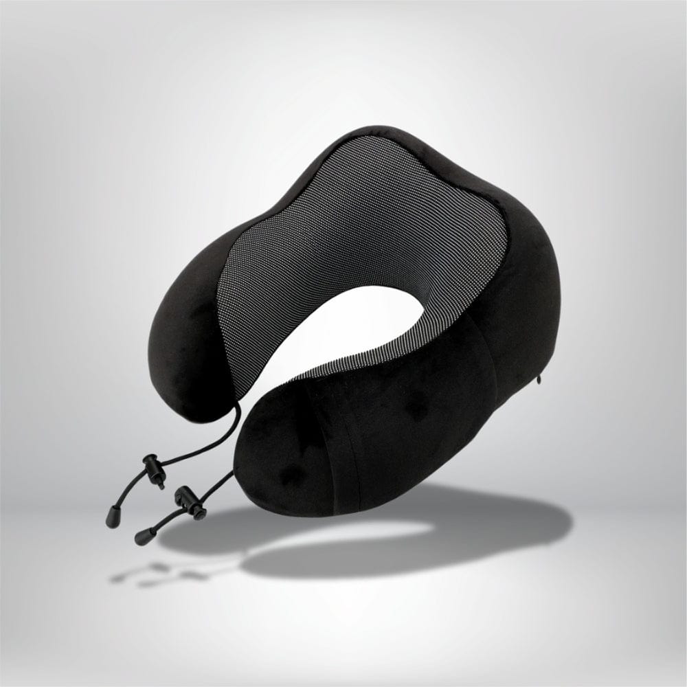 Coussin cervical noir en velours avec motif à rayures, idéal pour un confort optimal dans une voiture