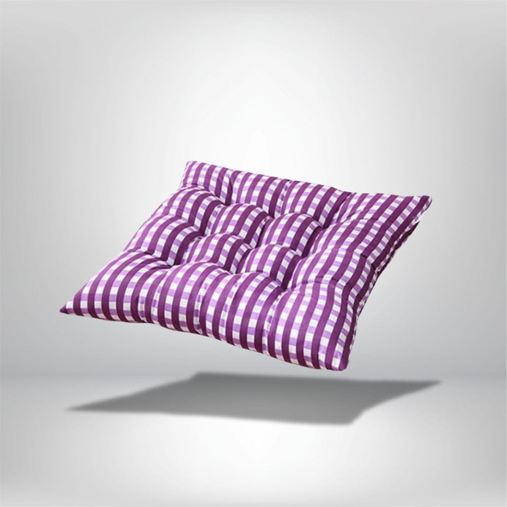Coussin décoratif à rayures violettes et blanches, idéal pour une chaise de jardin ou un salon