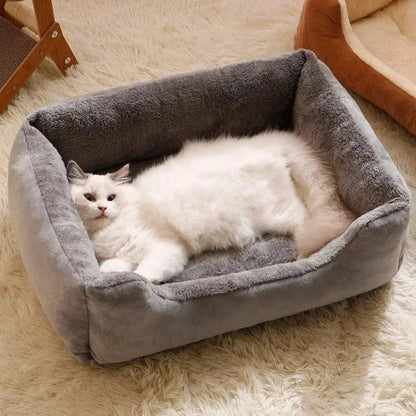Coussin de chat en peluche grise, installé dans un panier confortable sur un tapis doux et moelleux