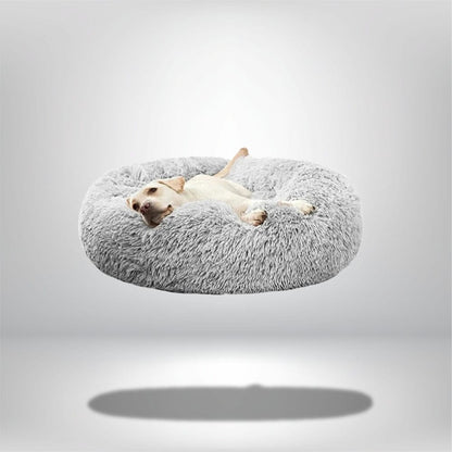 Coussin de chien rond en peluche grise, installé sur un fond neutre, avec un chien allongé confortablement dessus