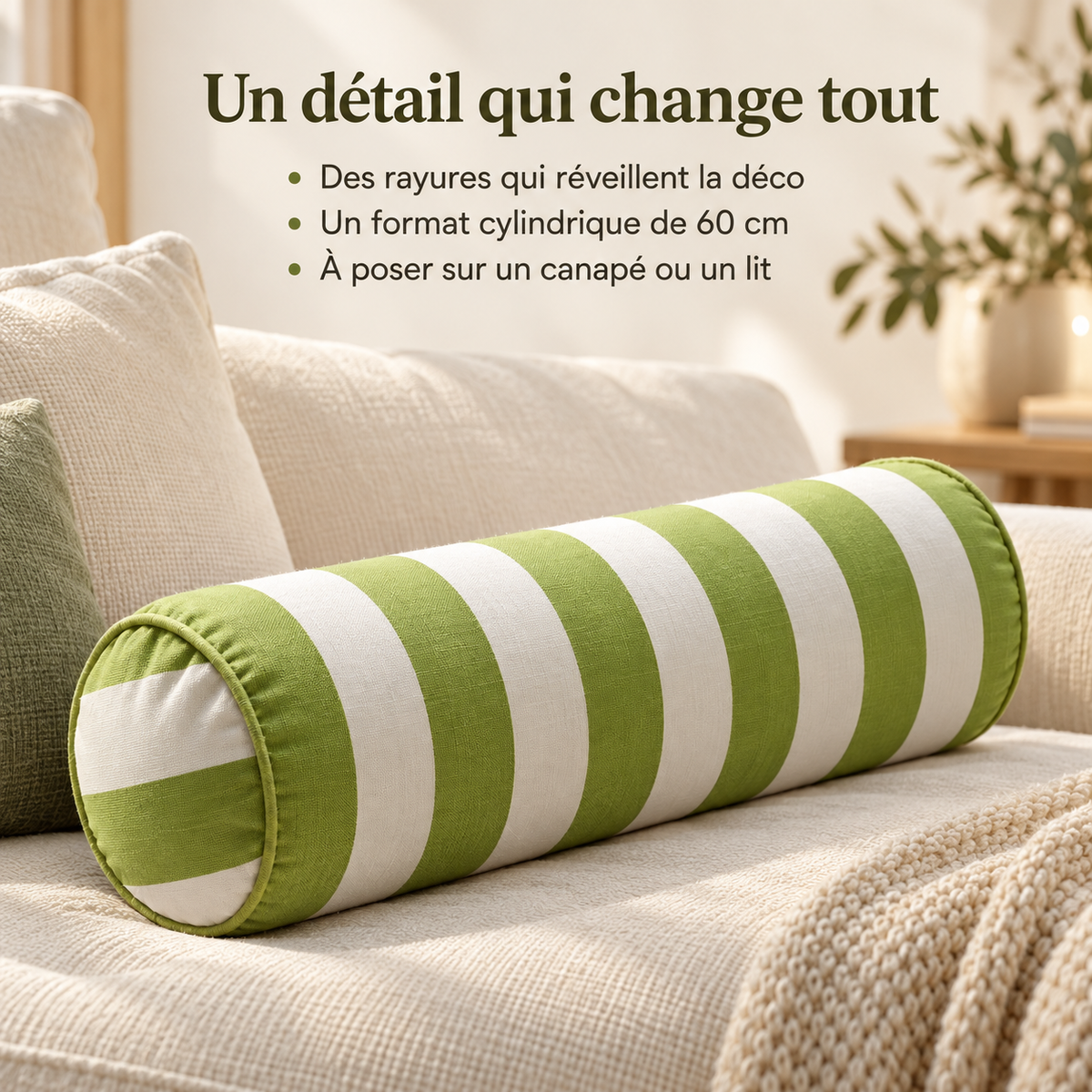 Coussin rayé vert et blanc avec trois atouts présentés : rayures décoratives, longueur de 60 cm et utilisation sur un canapé ou un lit.