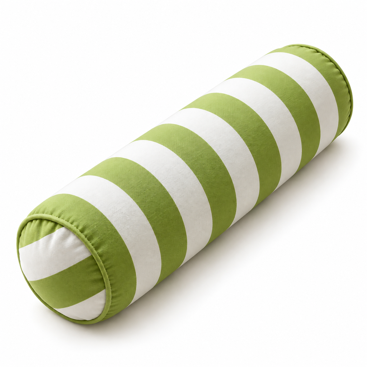 Coussin cylindrique à rayures vertes et blanches avec extrémités rondes et passepoil vert, sur fond blanc.