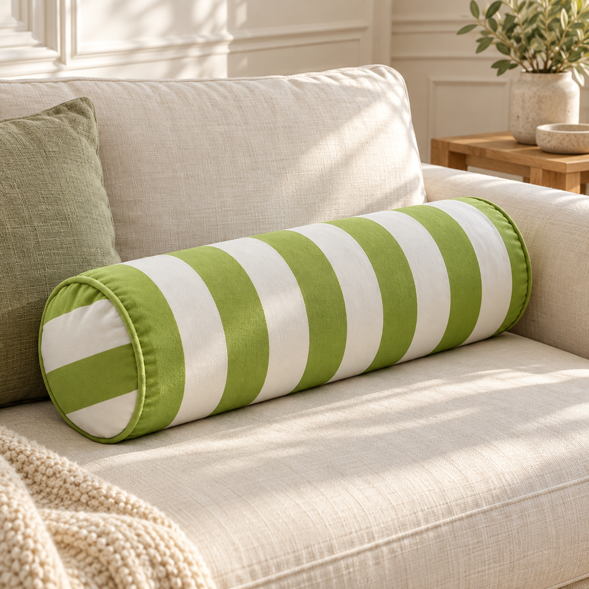 Coussin cylindrique à rayures vertes et blanches posé sur un canapé beige dans un salon lumineux.
