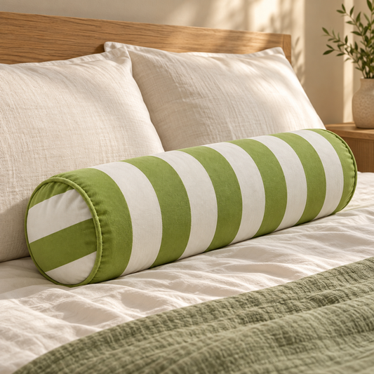 Coussin cylindrique à rayures vertes et blanches posé sur un lit aux draps ivoire, avec une tête de lit en bois clair.