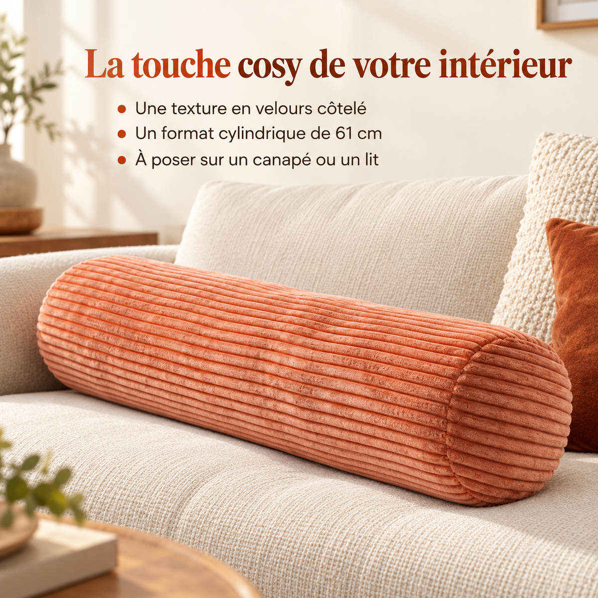 Coussin cylindrique orange rosé avec trois atouts présentés : velours côtelé, longueur de 61 cm et utilisation sur un canapé ou un lit.