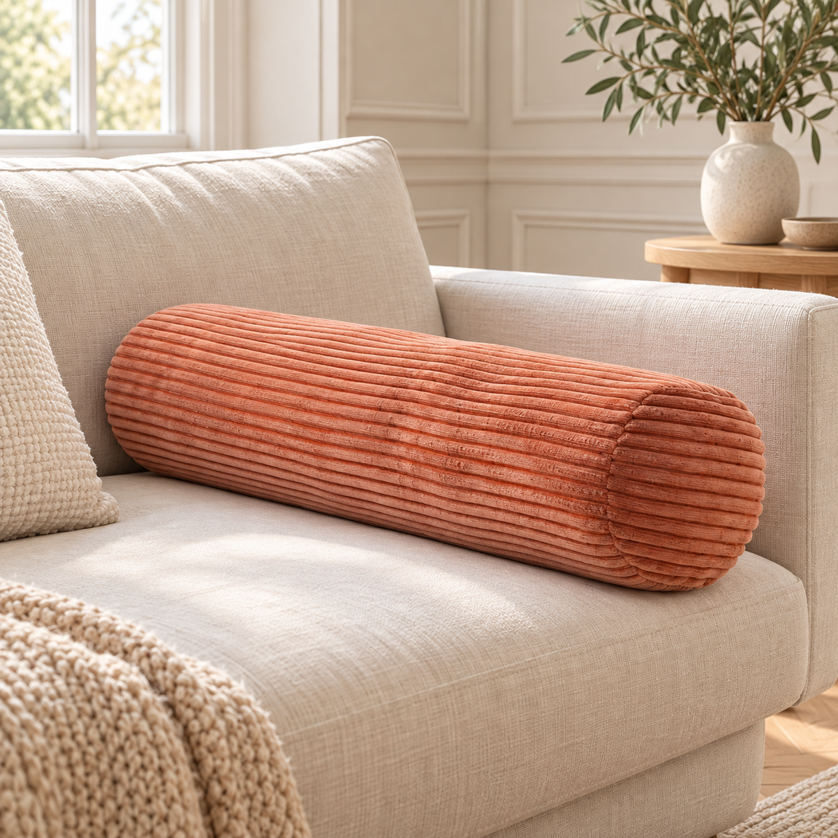 Coussin cylindrique orange rosé en velours côtelé posé sur un canapé crème dans un salon lumineux.