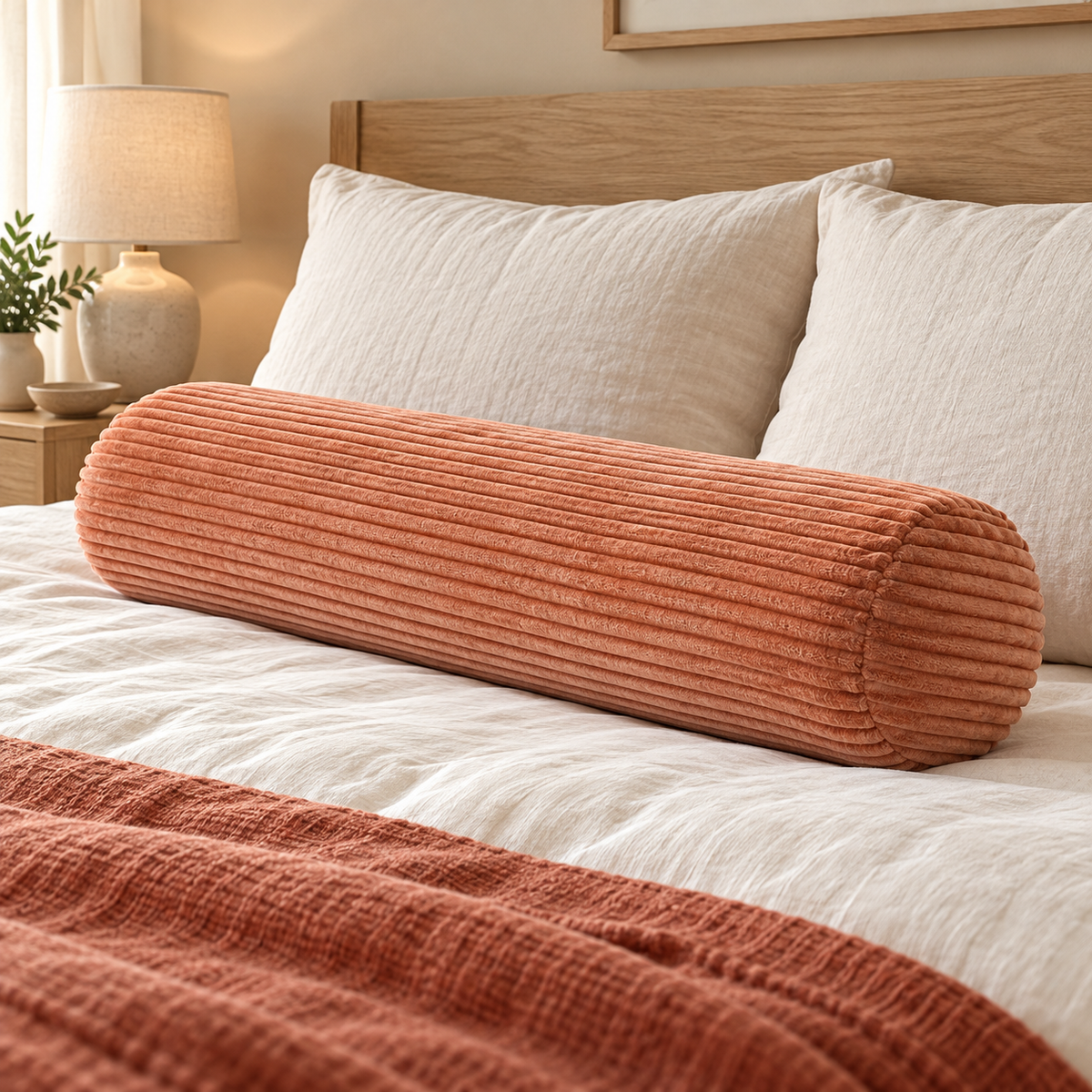 Coussin cylindrique orange rosé en velours côtelé posé sur un lit aux draps ivoire et à la tête de lit en bois clair.