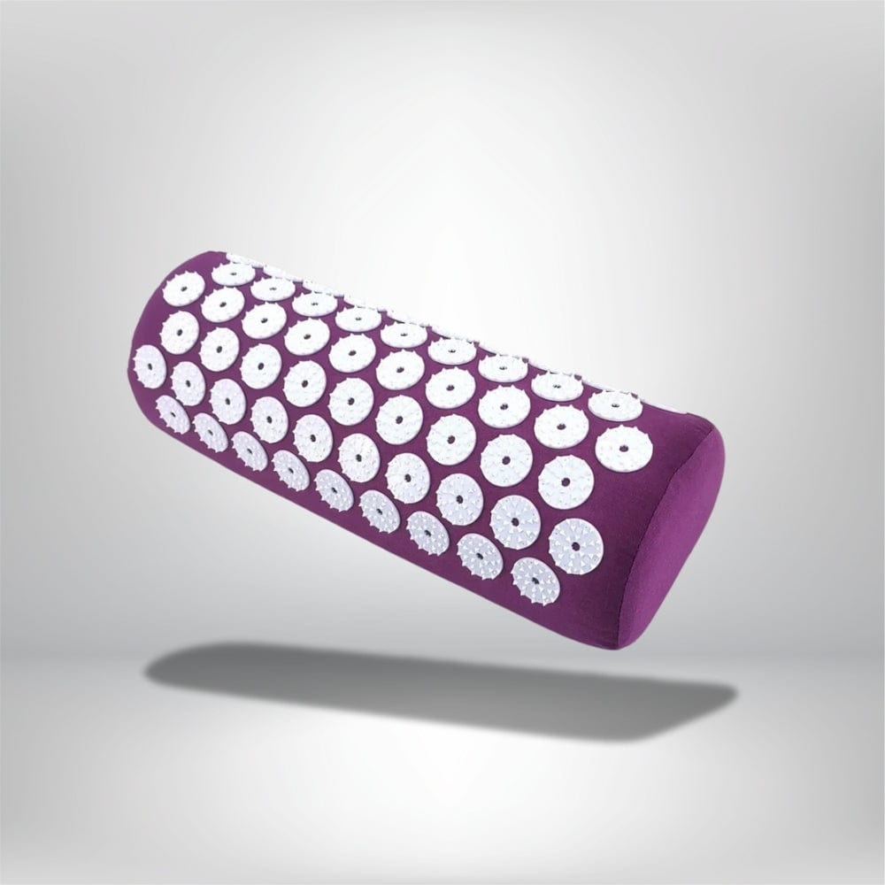 Coussin décoratif cylindrique violet avec des disques blancs, idéal pour un canapé ou un lit