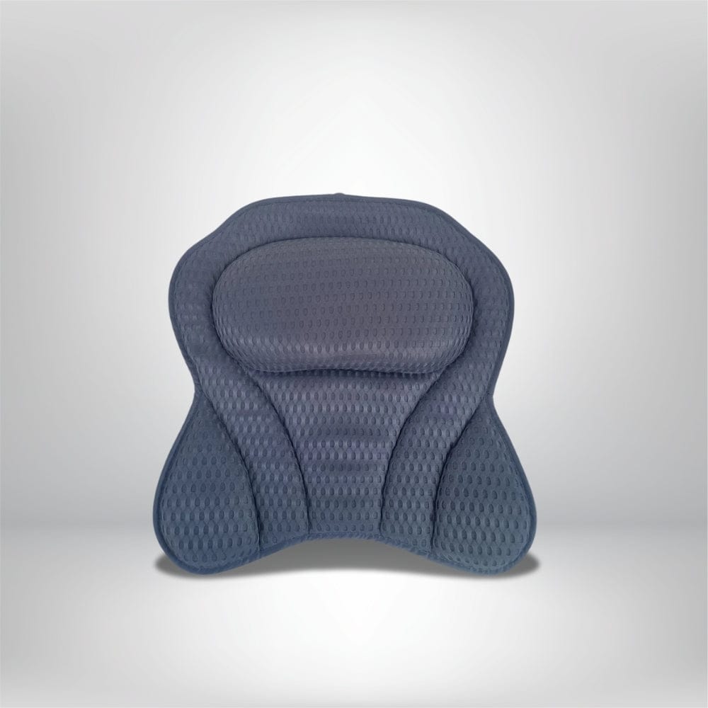 Coussin de baignoire en tissu gris texturé, ergonomique, posé sur un fond neutre