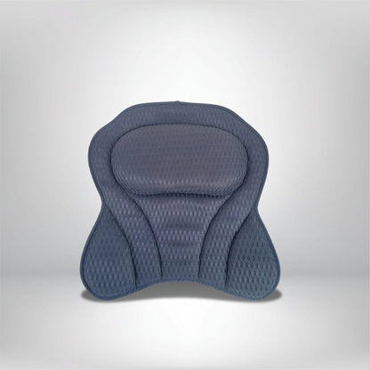 Coussin de baignoire en tissu gris texturé, ergonomique, posé sur un fond neutre