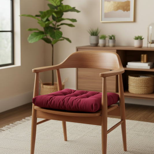 Coussin de chaise épais en velours fuchsia, avec des coutures matelassées, flottant sur un fond neutre