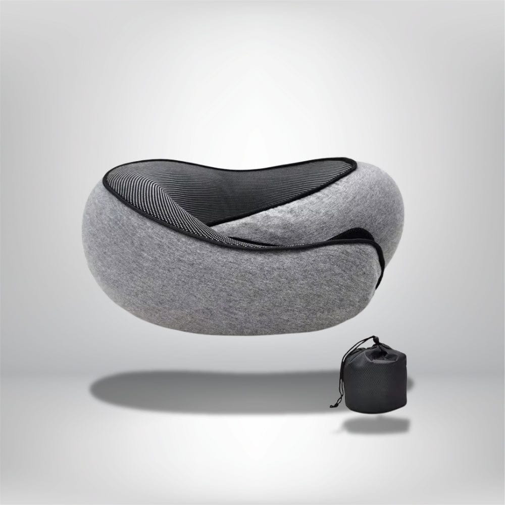 Coussin de voyage en tissu gris, forme ergonomique, avec un design noir et une housse de rangement pratique